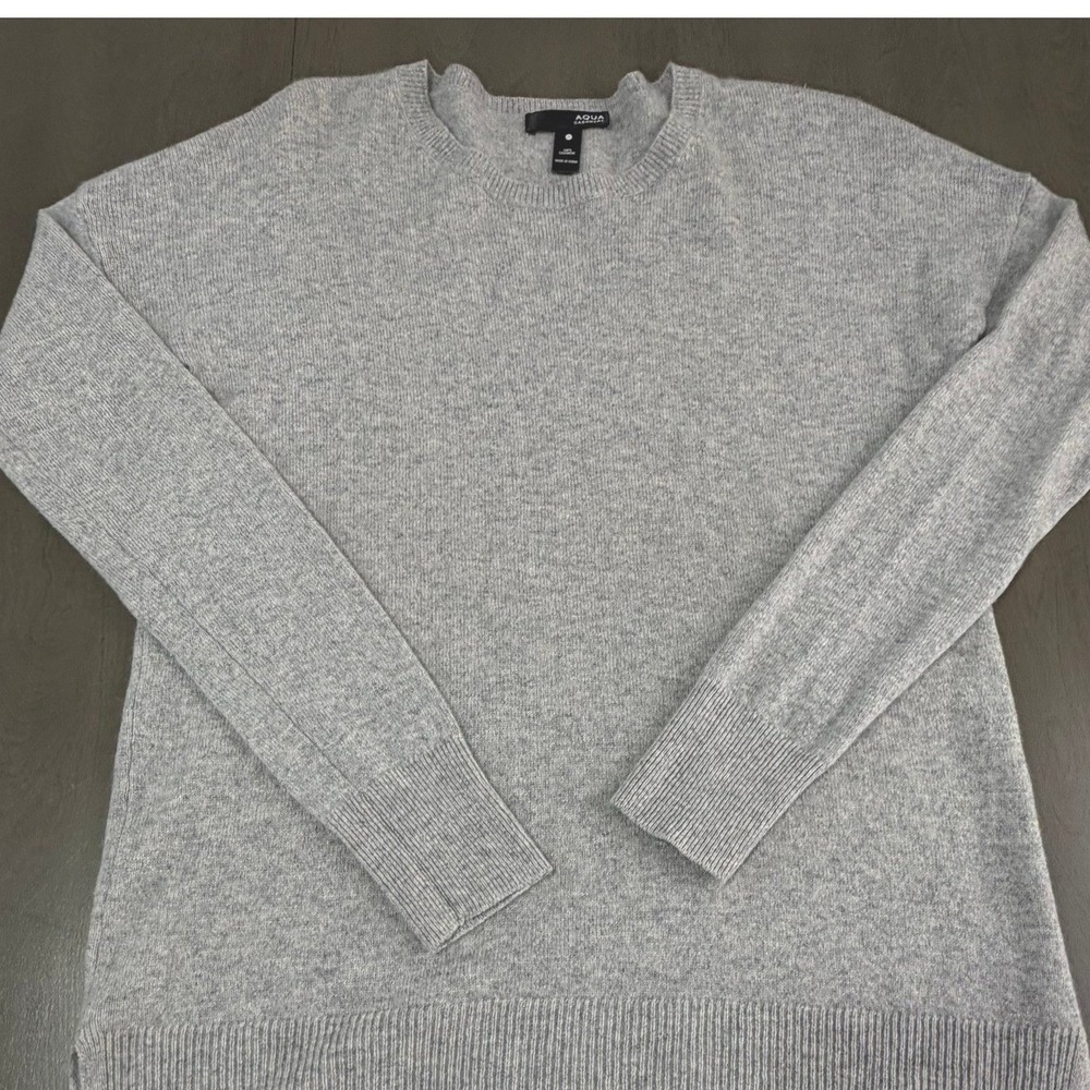 AQUA Cashmere 100% Cashmere Sweater Crewneck High Low Slit S Gray Quiet Luxury